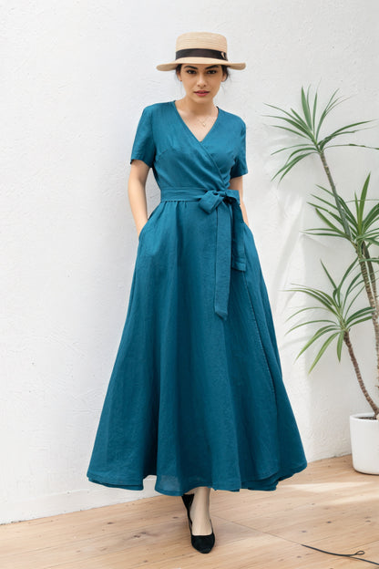 Womens long linen summer wrap dress C5365