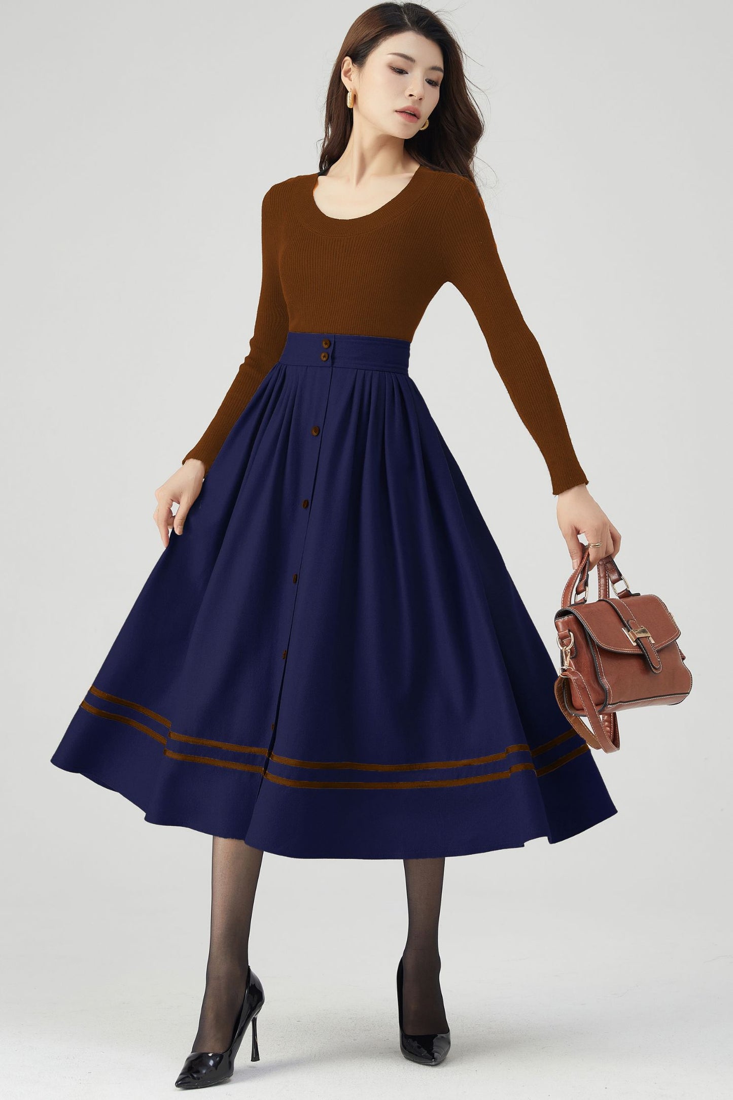 Button Front Navy Blue Wool Skirt C4512