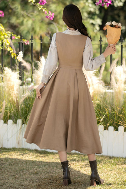 Khaki Linen Pinafore Midi Dress: Sleeveless A-Line Dress with Pockets, Ylistyle C5437