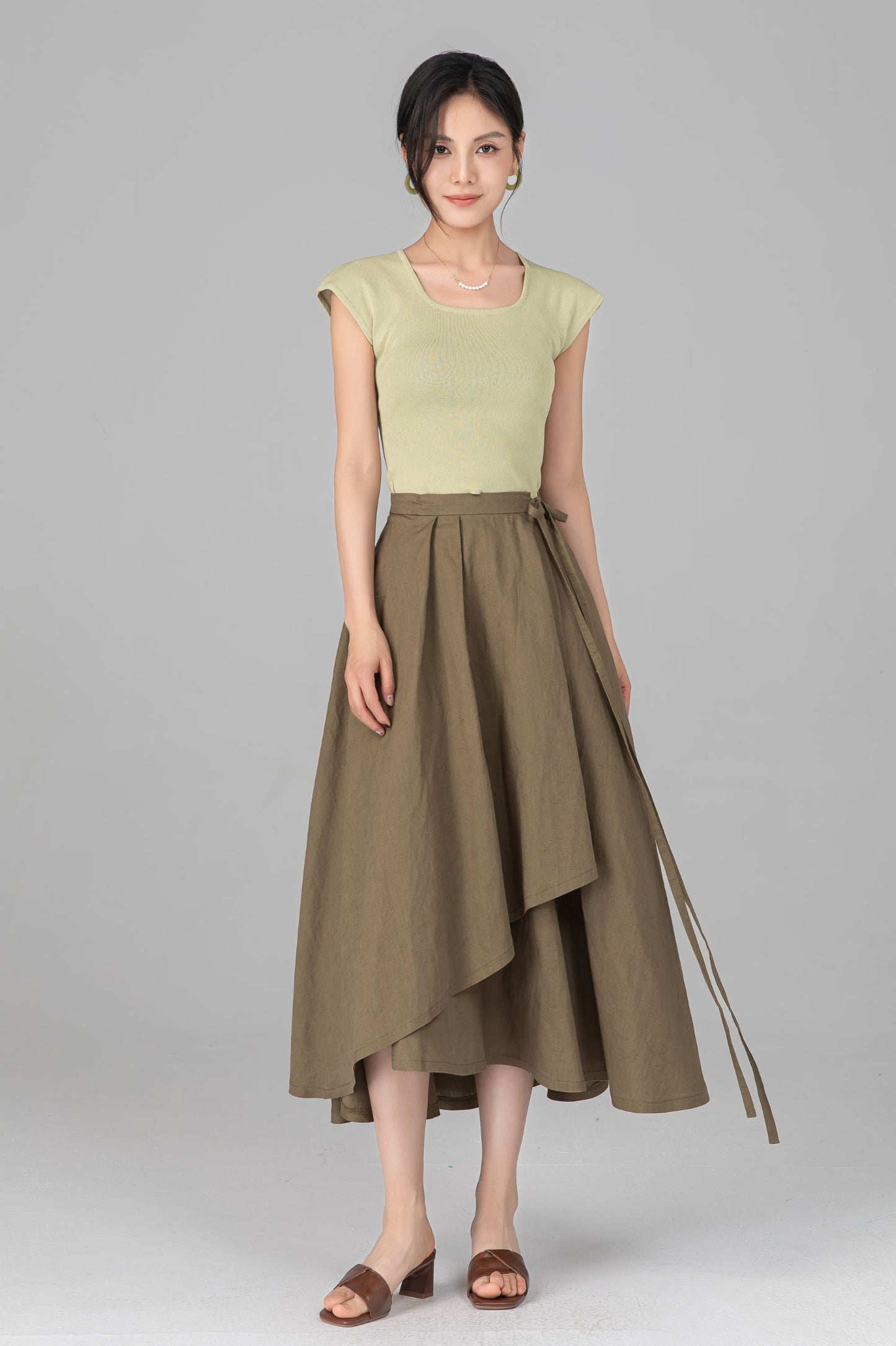 Green Linen Cotton Wrap Midi Skirt - Asymmetrical Flowy Pleated A-Line c5519