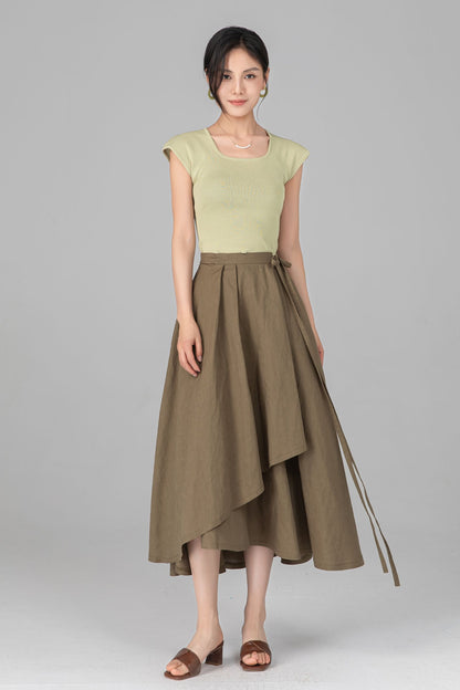 Green Linen Cotton Wrap Midi Skirt - Asymmetrical Flowy Pleated A-Line c5519