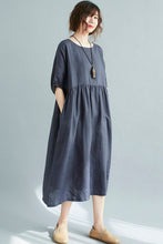 Load image into Gallery viewer, Natural Half Sleeve Linen Midi Dress in Navy C2113
