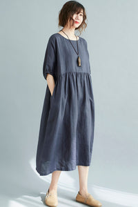 Natural Half Sleeve Linen Midi Dress in Navy C2113