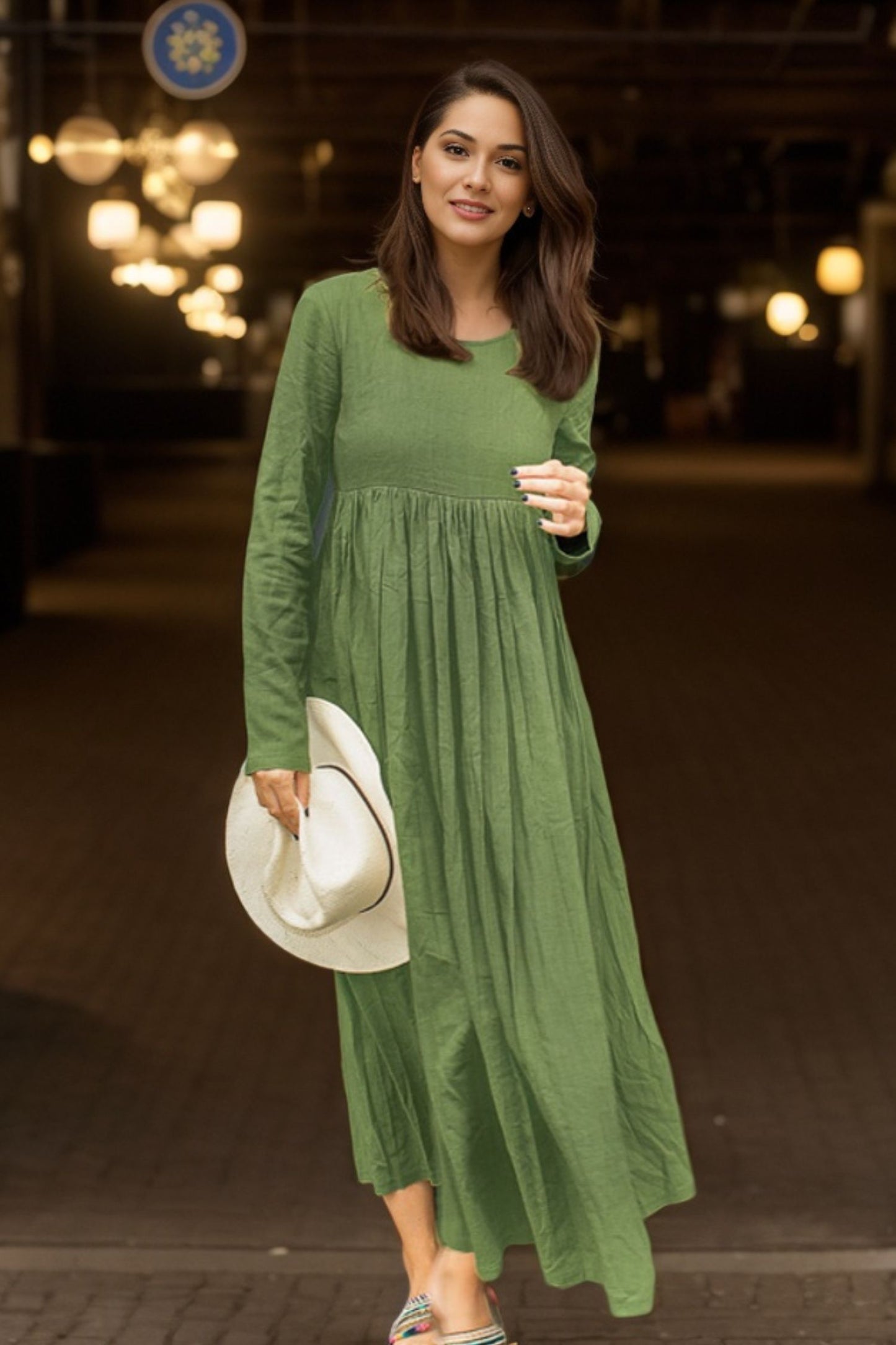 Long-Sleeve Green Linen Maxi Dress C4632