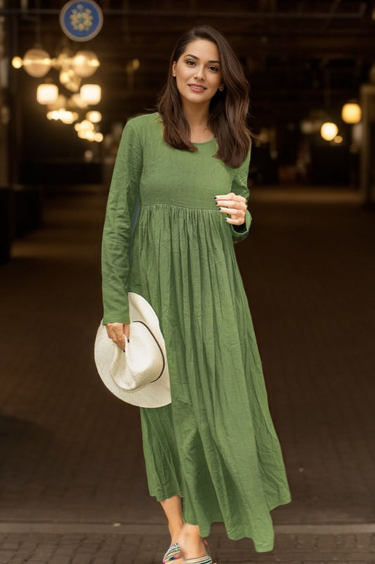 Long-Sleeve Green Linen Maxi Dress C4632