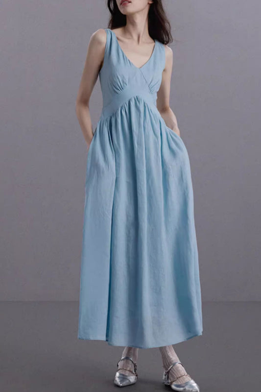 Blue elegant summer sleeveless linen dress C5061