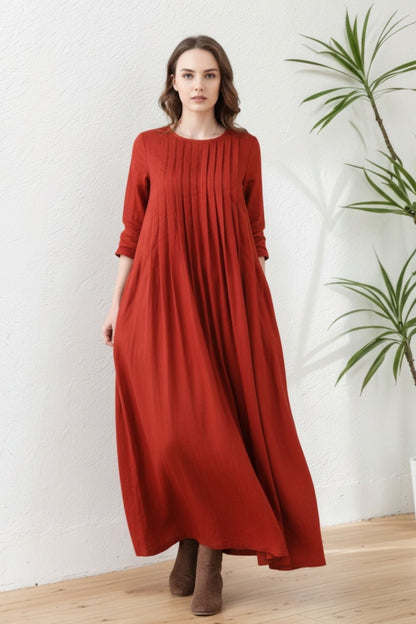 Women Brick Red Pleated Organic Linen dress C5419