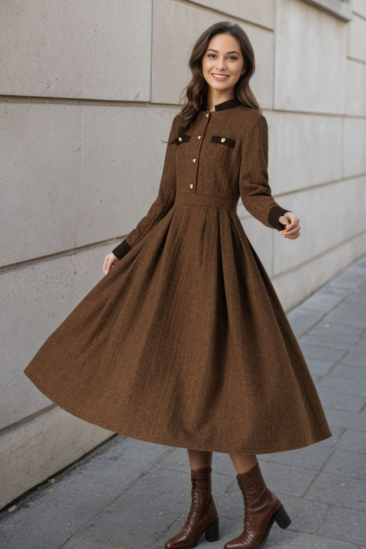 Warm Winter Military Button front Wool Dress Women C5194