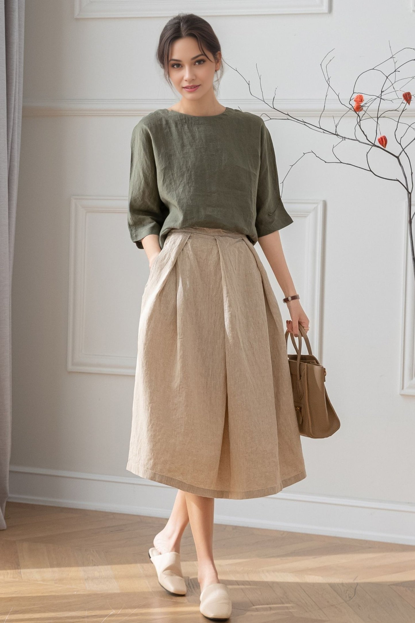 A-Line Midi Linen Skirt C5316