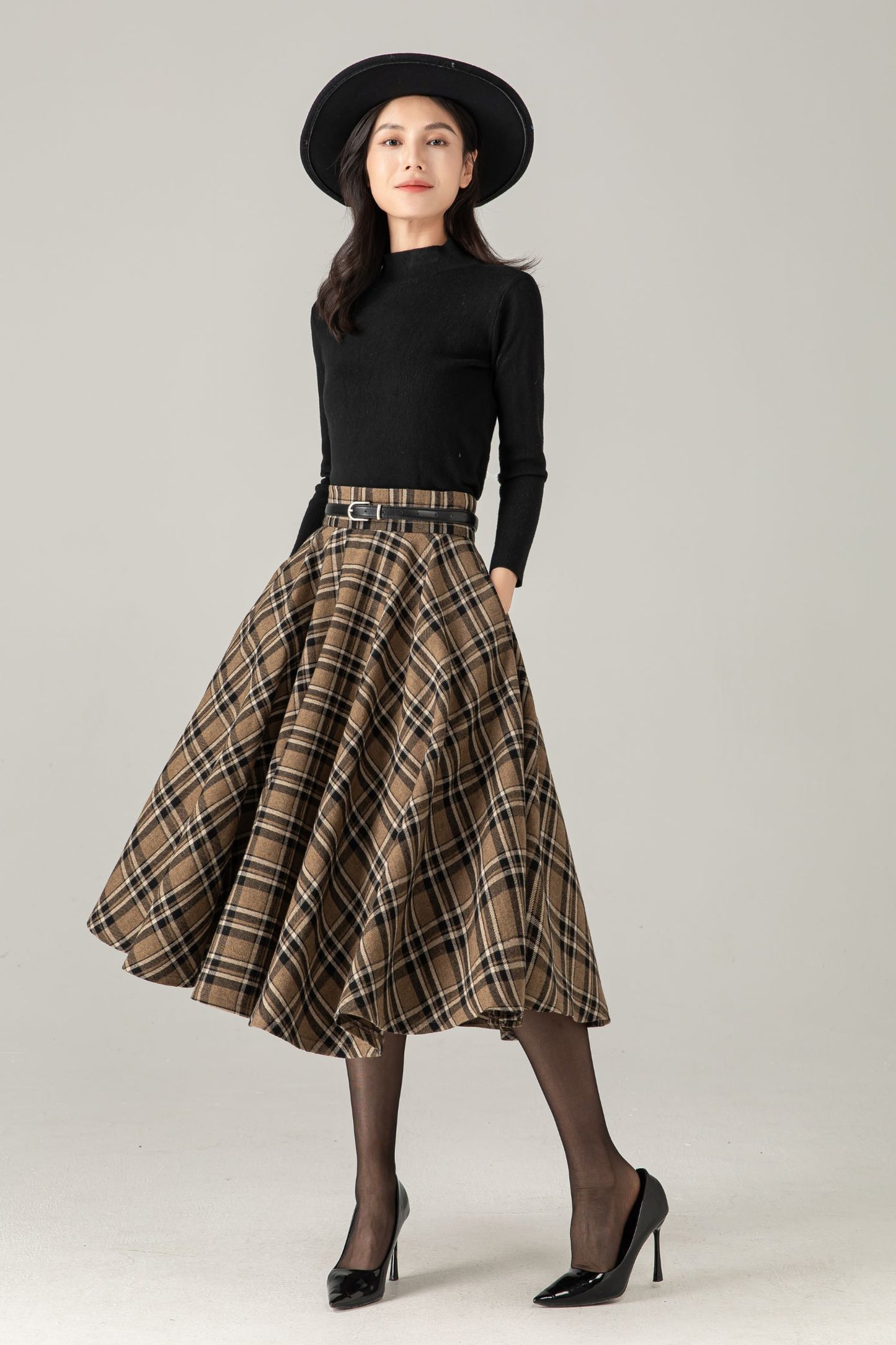 Wool Blend Plaid Midi Skirt : High Waist Swing Circle Skirt, Ylistyle C5375