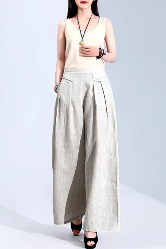 Wide leg long summer linen pants c5069