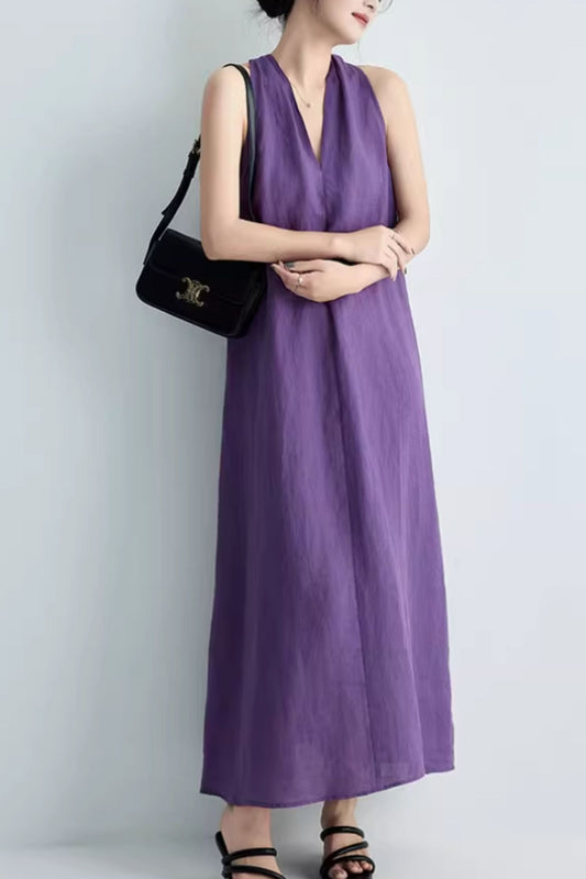 Purple loose fitting summer linen dress C5064