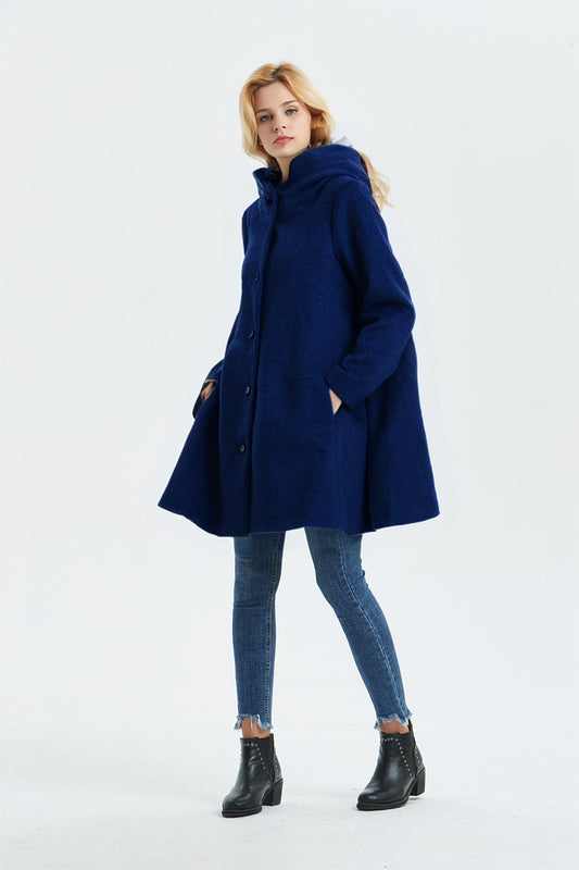 Loose fitting hooded wool coat C1317