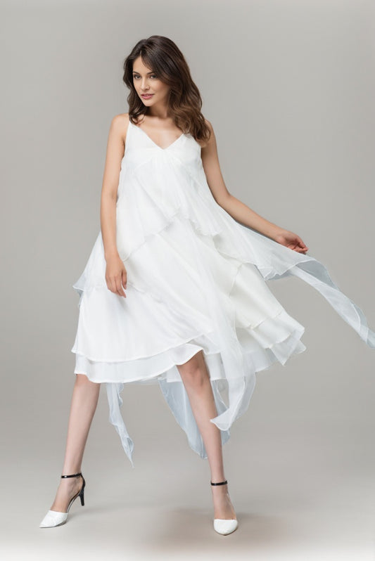 White Chiffon Flare Wedding V Neck Dress C904