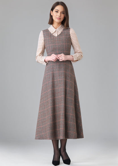 Winter Sleeveless Plaid Wool dress Women C5150