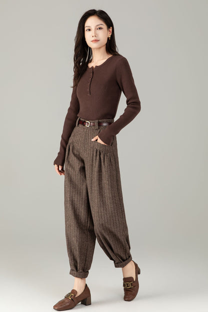 Brown Wool Striped Trousers - Classic Fit & Comfort | Winter Smart Casual Pants C5244