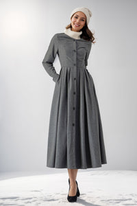 Gray Wool Women Pleated Winter Dresses C4012