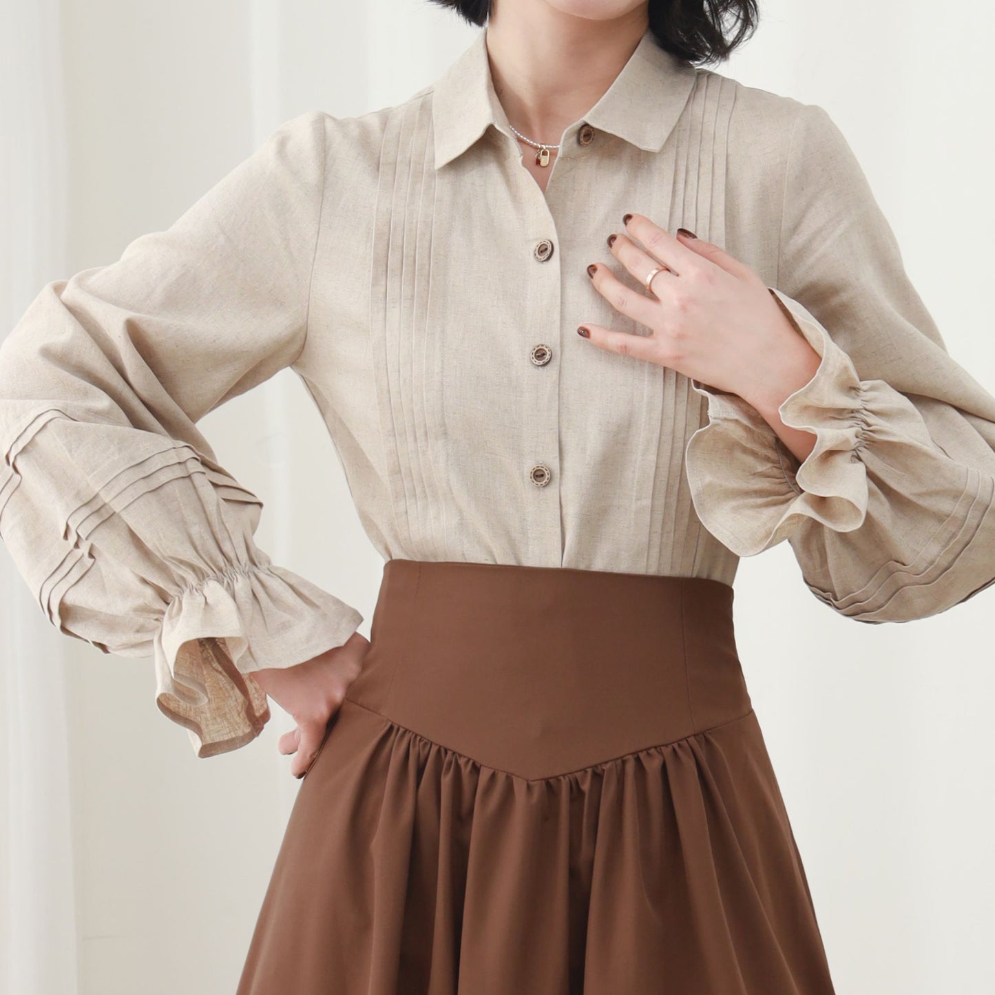 Beige Linen Blouse, Long Lantern Sleeve, Ruffle Detail, Ylistyle C5451