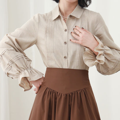 Beige Linen Blouse, Long Lantern Sleeve, Ruffle Detail, Ylistyle C5451