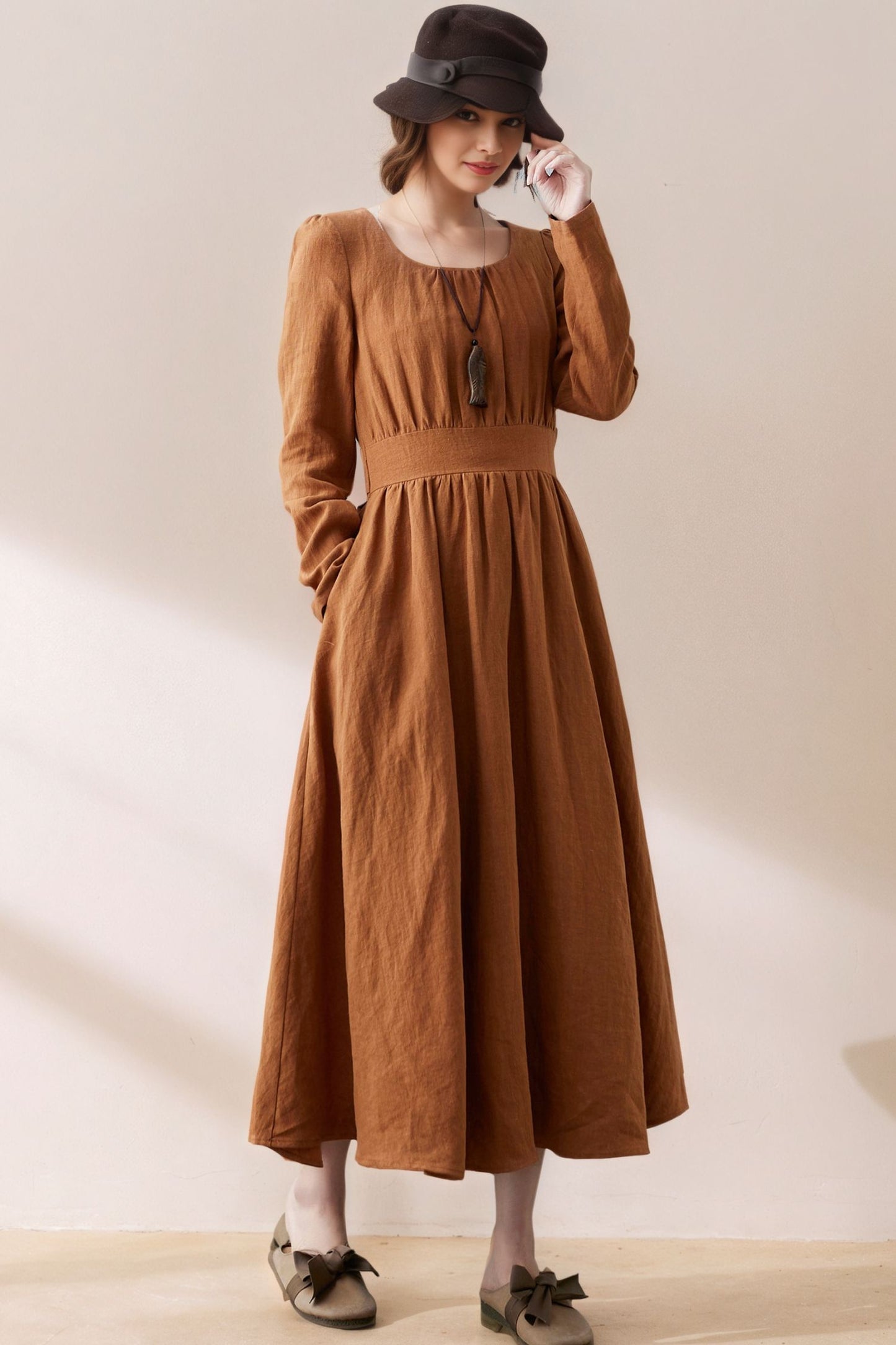 Brown Linen Maxi Dress - Fit and Flare with Tie Bow Waist c5385