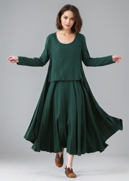 Green Asymmetrical Linen dress C5158
