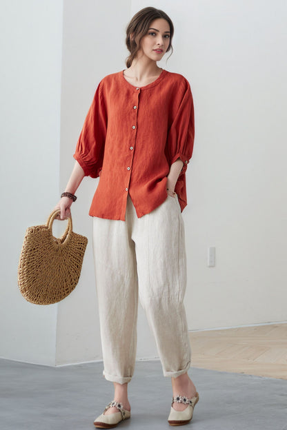 Rust Linen Blouse: Oversized 3/4 Sleeve Button-Up Relaxed Fit Top, Ylistyle C5321