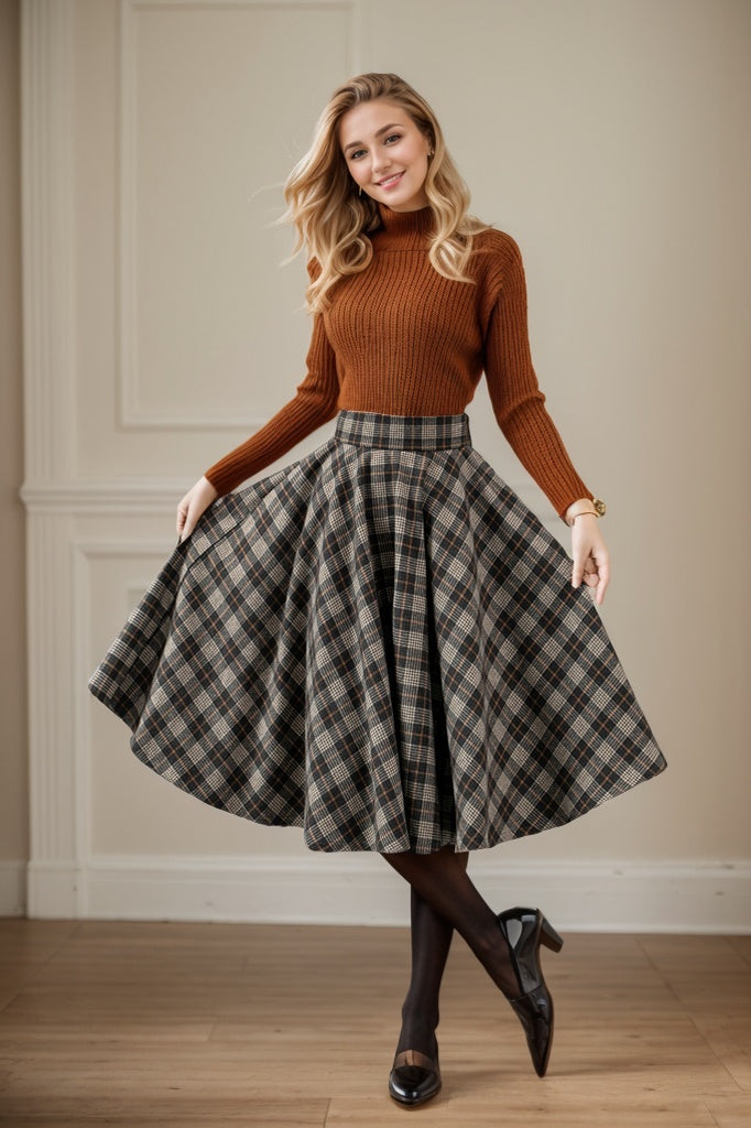 Plaid winter skater wool skirt women C4451