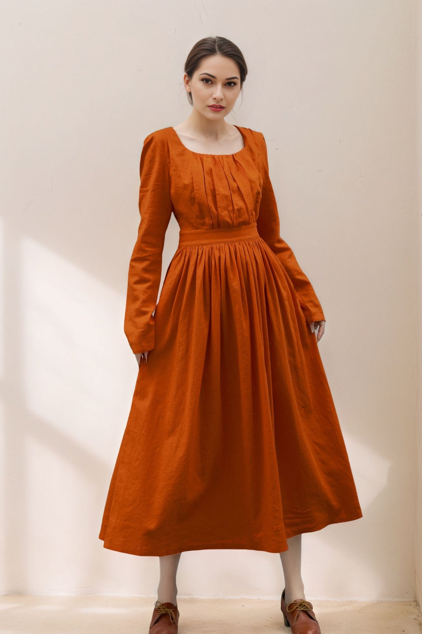 Long Sleeve Orange Linen Dress for Women C5364