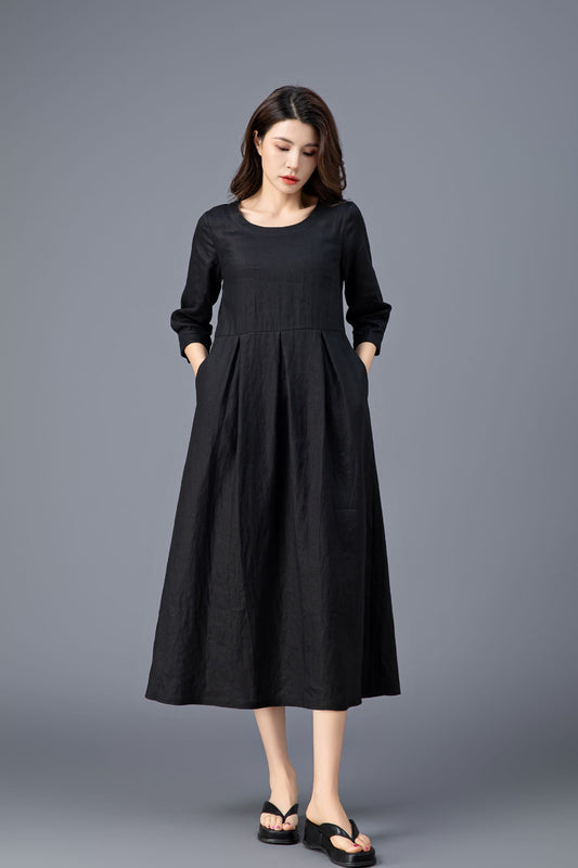 Women's Casual Belted  Black Linen Dress C3911