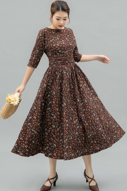 Vintage Inspired Floral Linen Midi Dress C4745