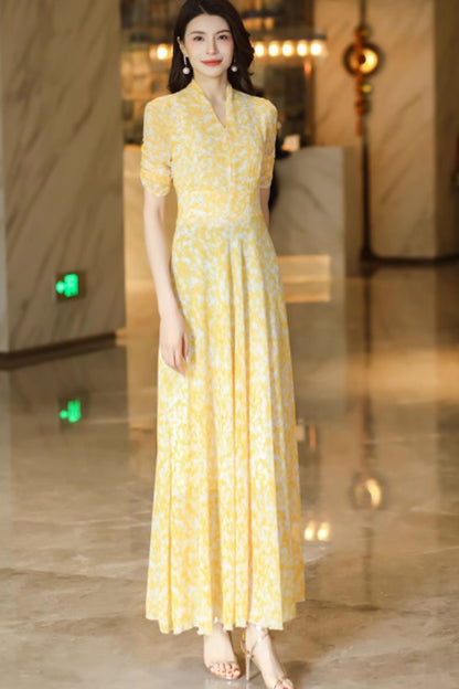 Yellow flower printed maxi chiffon dress C4927