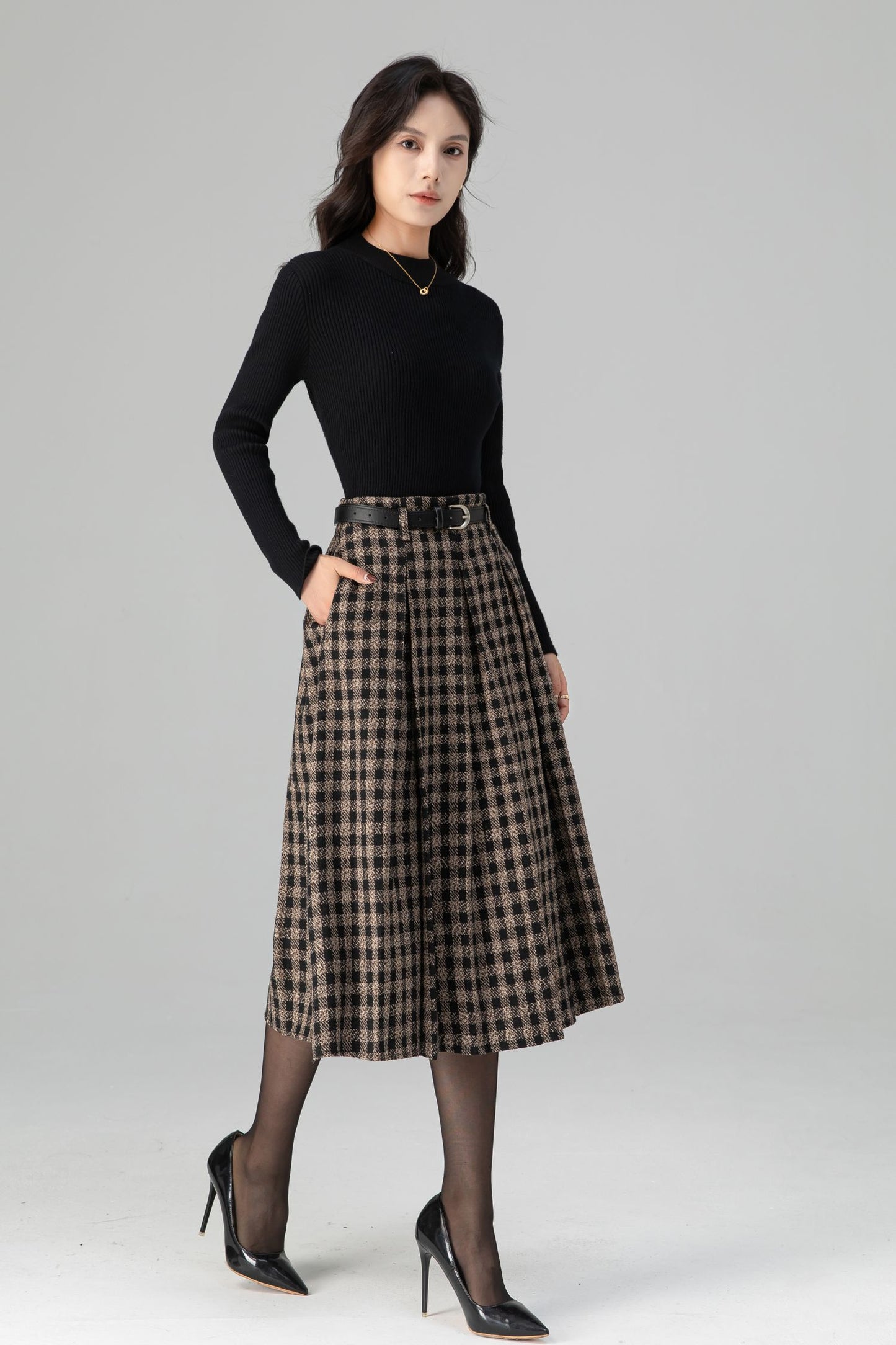 Vintage Pleated Midi Plaid Wool Skirt C5198