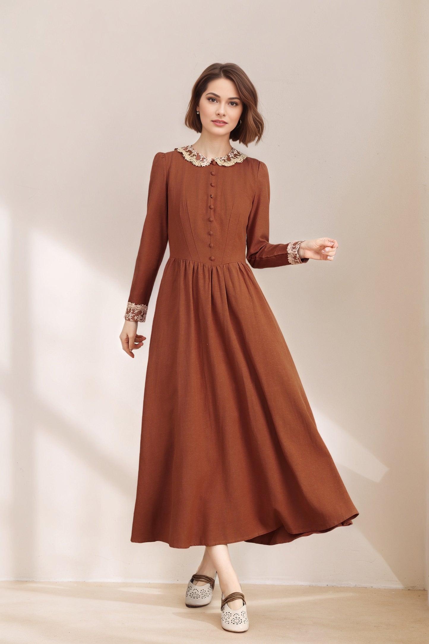 Vintage Regal Style Spring Rust Red Linen dress with Lace C5334