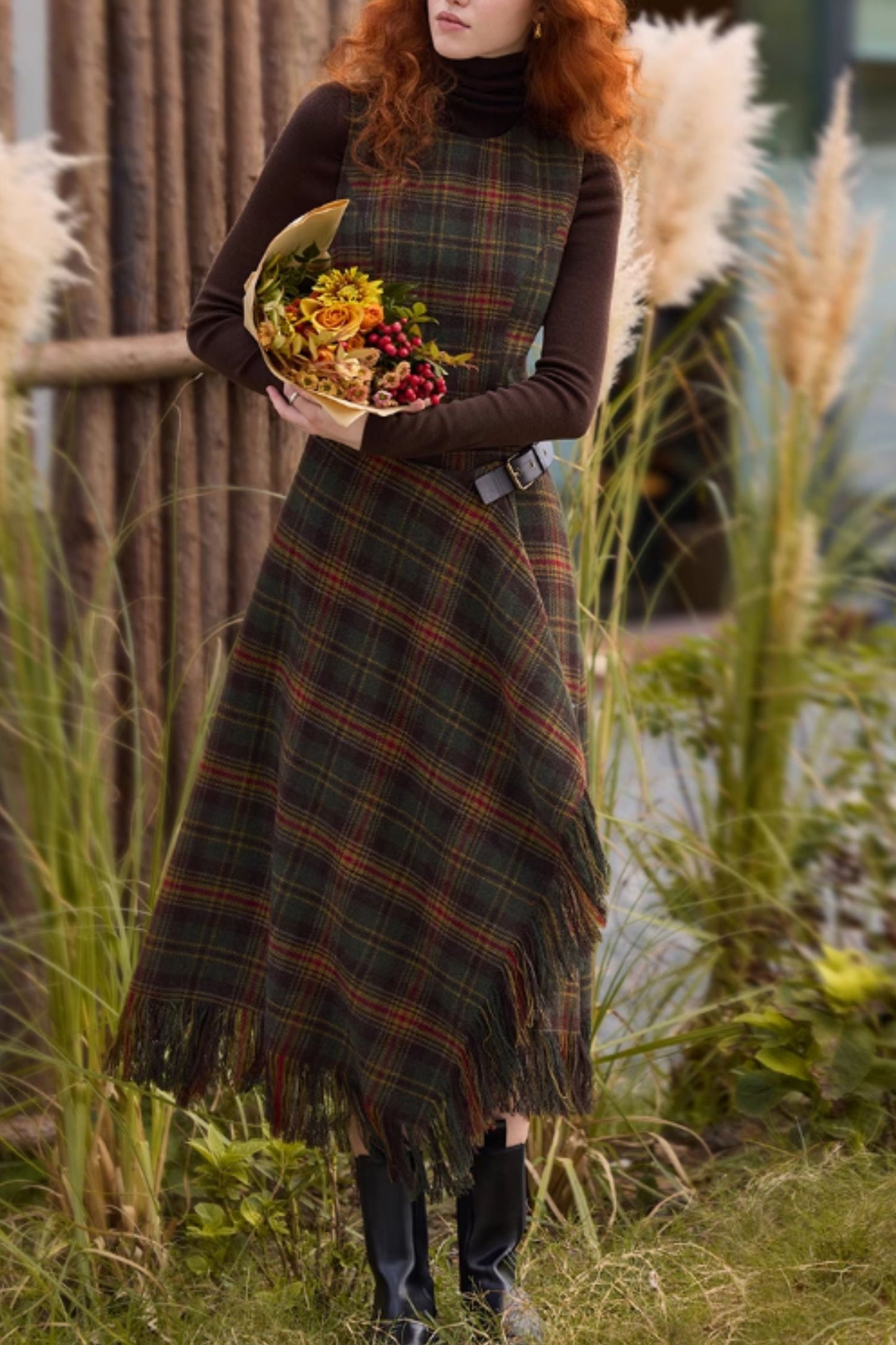 Sleeveless winter plaid wool dress women C5297