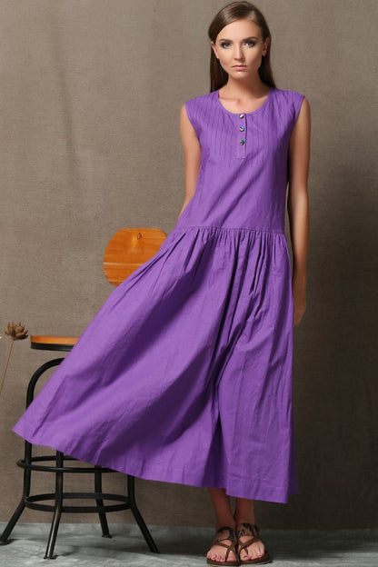 Purple Linen Dress - Loose-Fitting Fit and Flare Sleeveless Womens Dress with Pockets C541