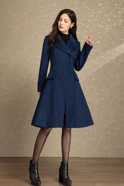 Blue fit and flare winter wool coat C4492