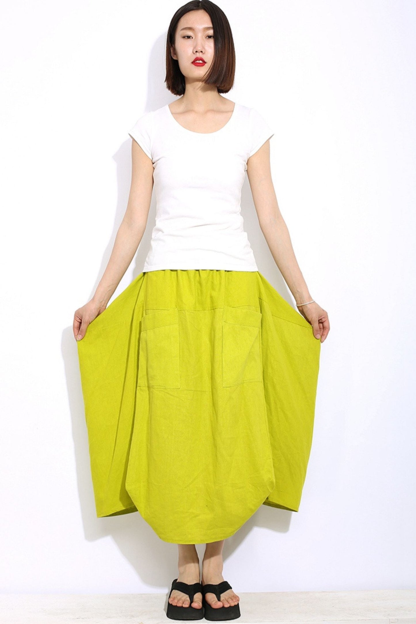 yellow midi linen asymmetrical skirt C338