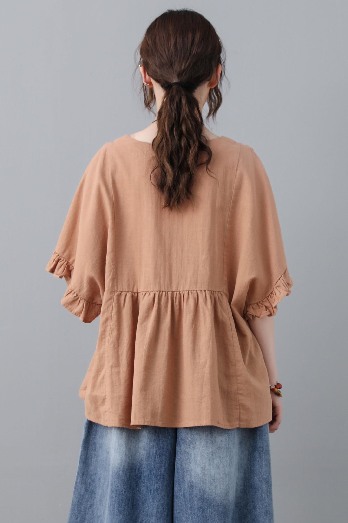 Loose fitting summer linen blouse with ruffle details C2303