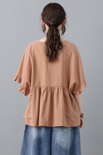 Loose fitting summer linen blouse with ruffle details C2303