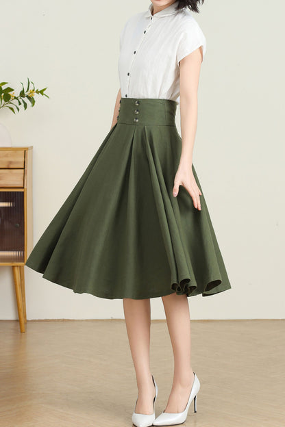 Green Pleated Swing Skirt with Pockets C4729