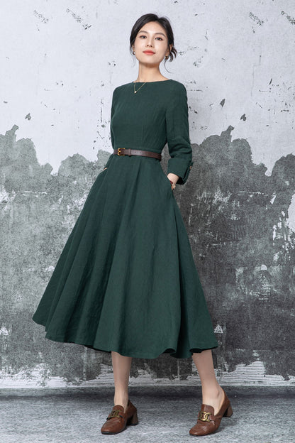 Dark Green Linen Midi Dress - Fit & Flare A-Line with Pockets c5460