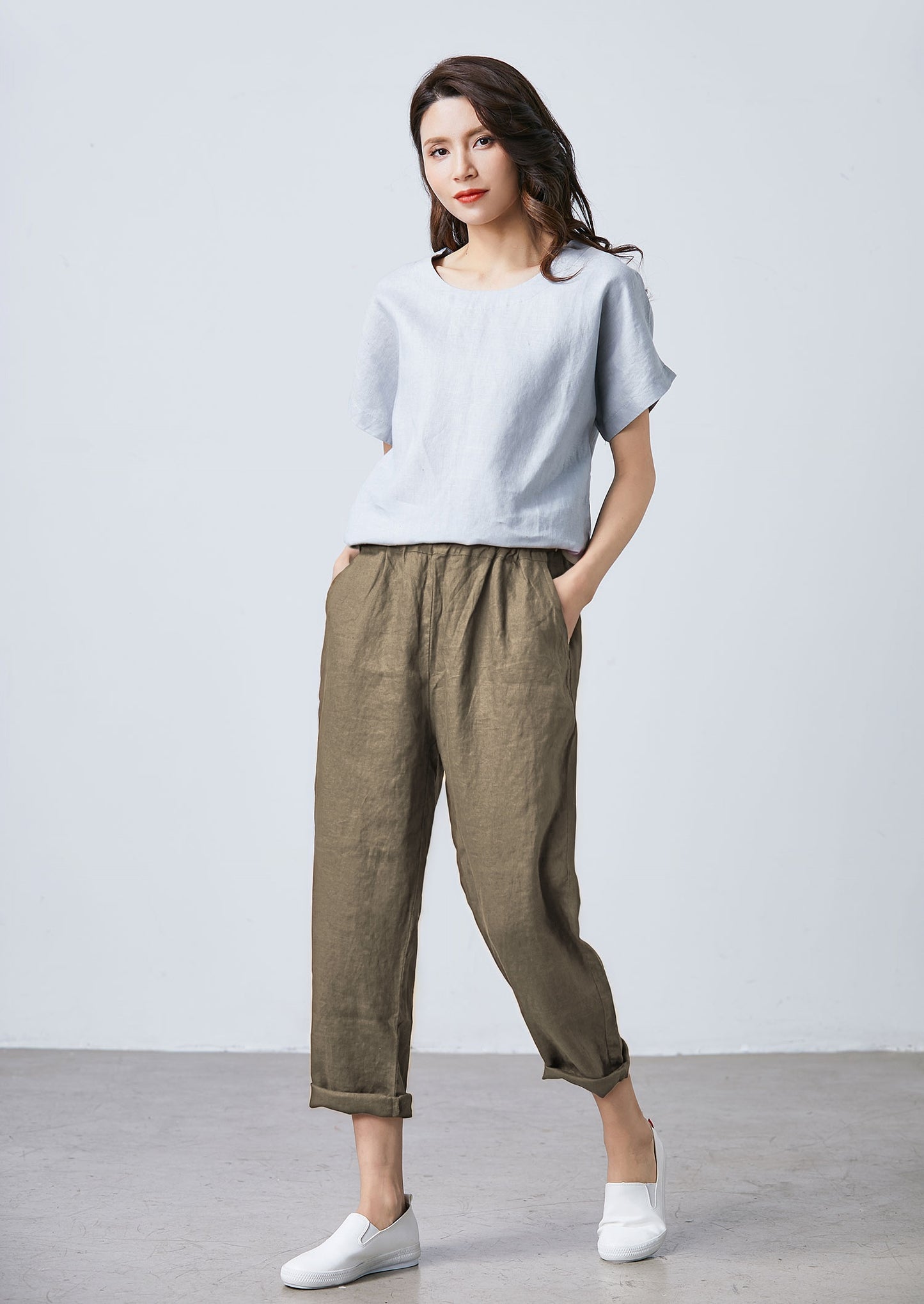 Linen Cropped Pants: Tapered Loose Fit with Elastic Waist, Ylistyle C5325