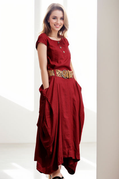 Linen Summer red womens asymmetrica dress C255