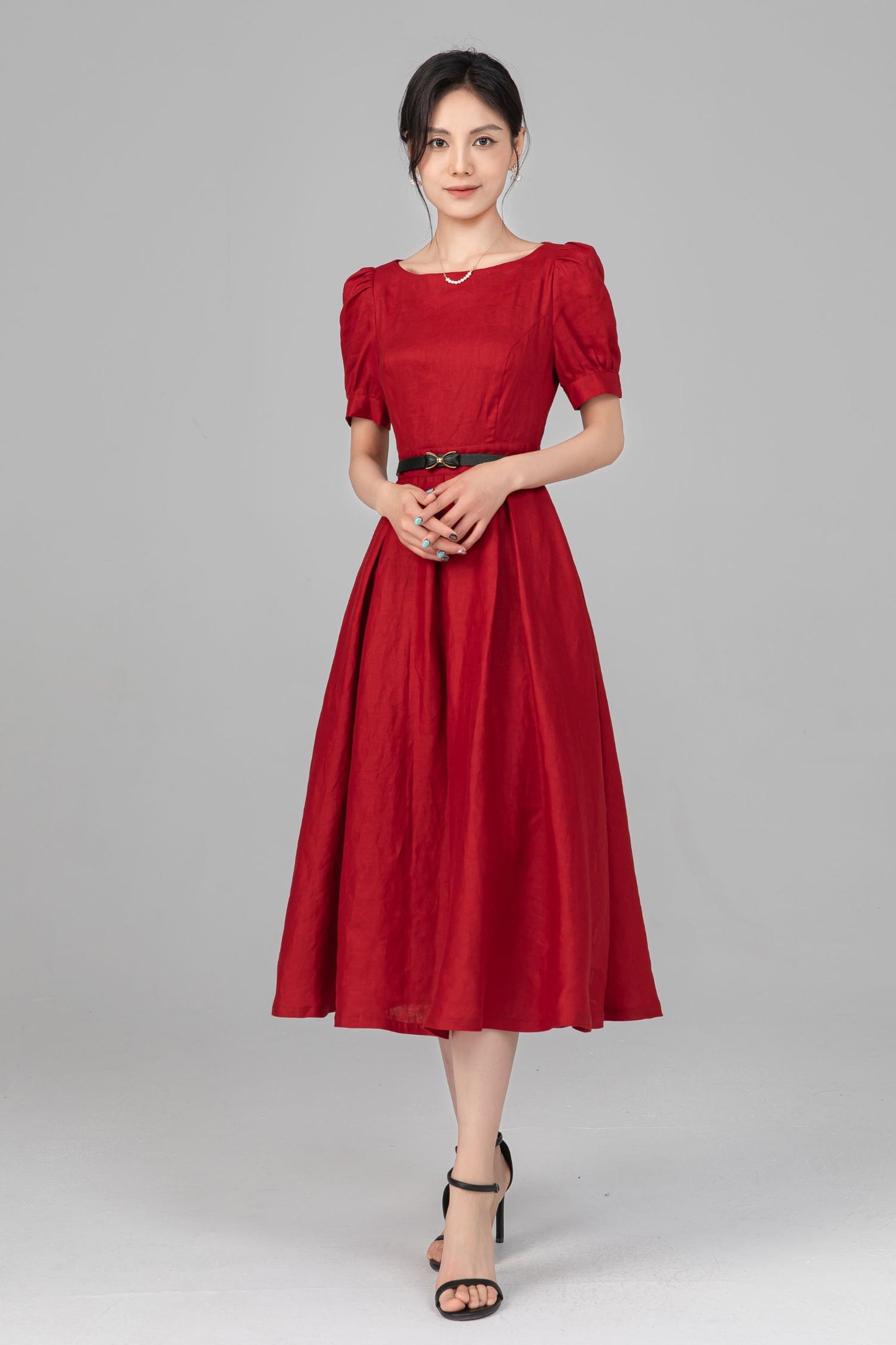 Red Linen Puff Sleeve Midi Dress - A-Line Bow Waist | Ylistyle C5517
