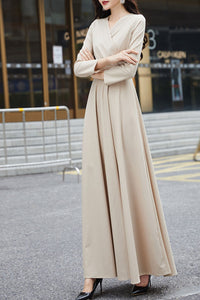 khaki spring and autumn V neck dress C4184