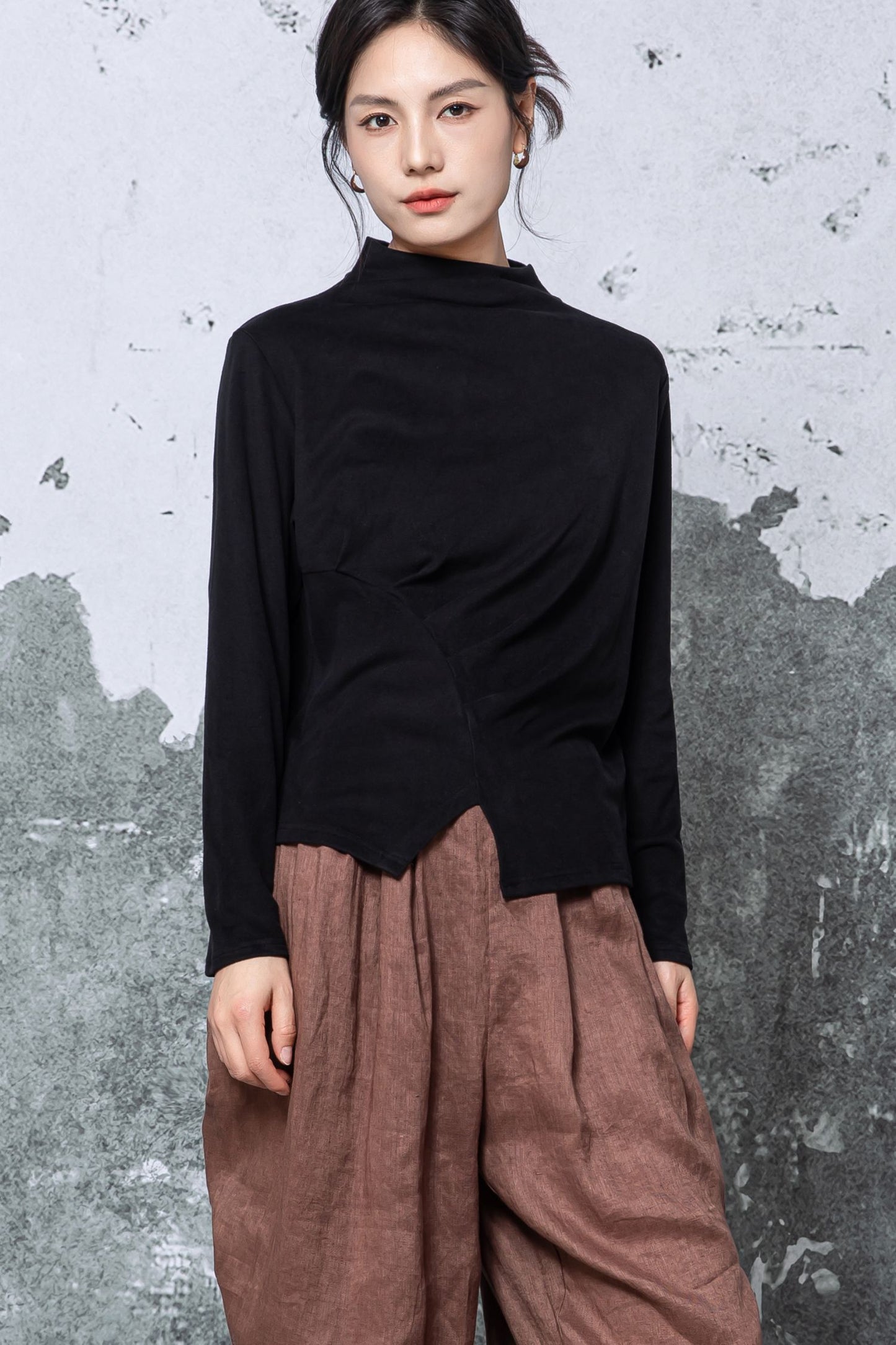 Black Cotton Blouse - Long Sleeve Mock Neck with Asymmetric Hem c5463