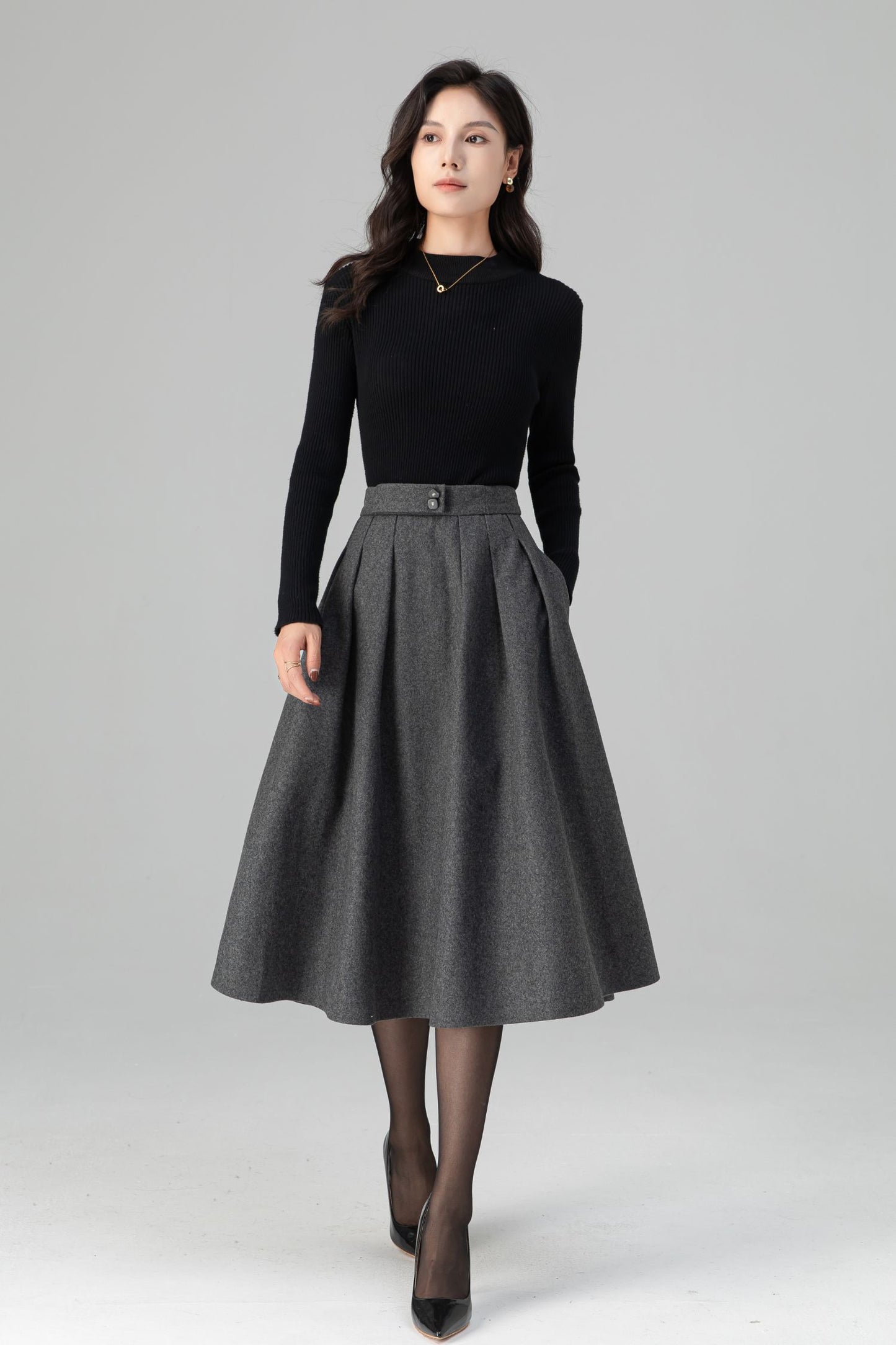 Winter Warm Pleated Midi High Waist Wool Skirt C5200