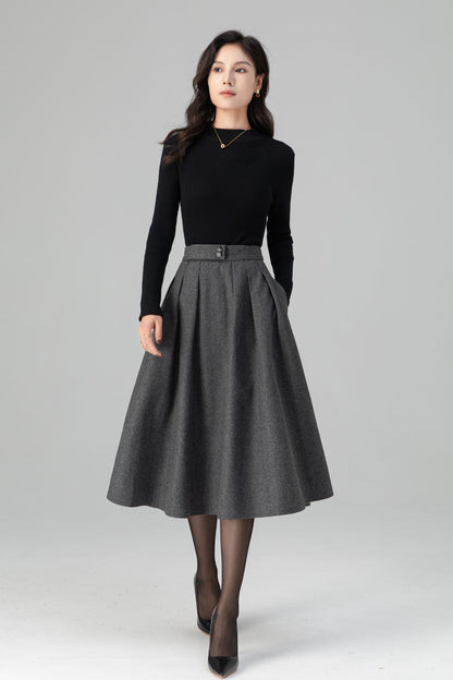 Winter Warm Pleated Midi High Waist Wool Skirt C5200
