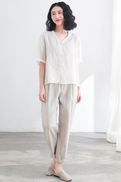 White Linen V-neck Summer Oversized Short Sleeve Casual Blouse C2712