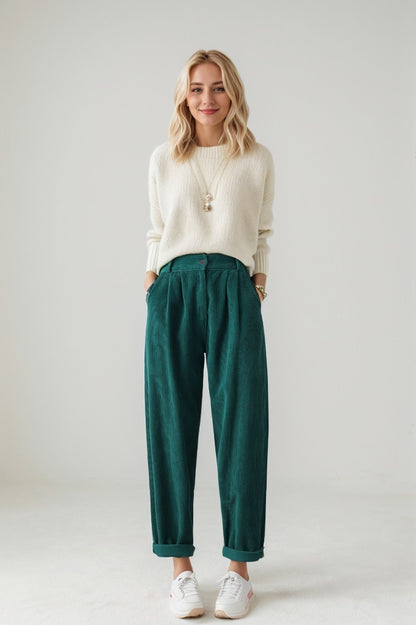 Green wide leg corduroy winter pants C4346